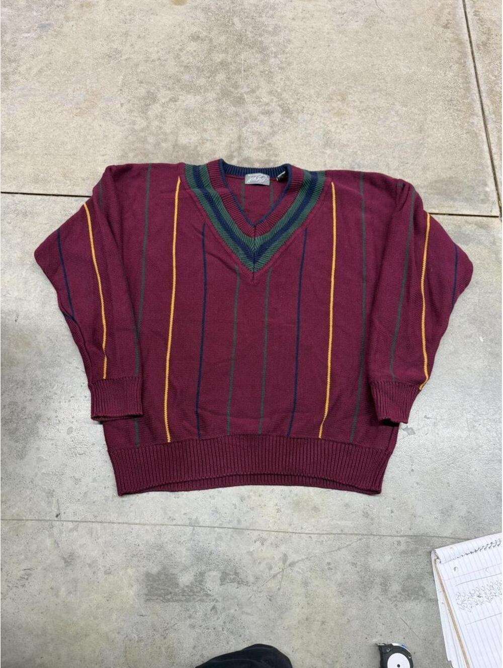 vintage lord and taylor burgandy and navy v neck knit sweater size xl